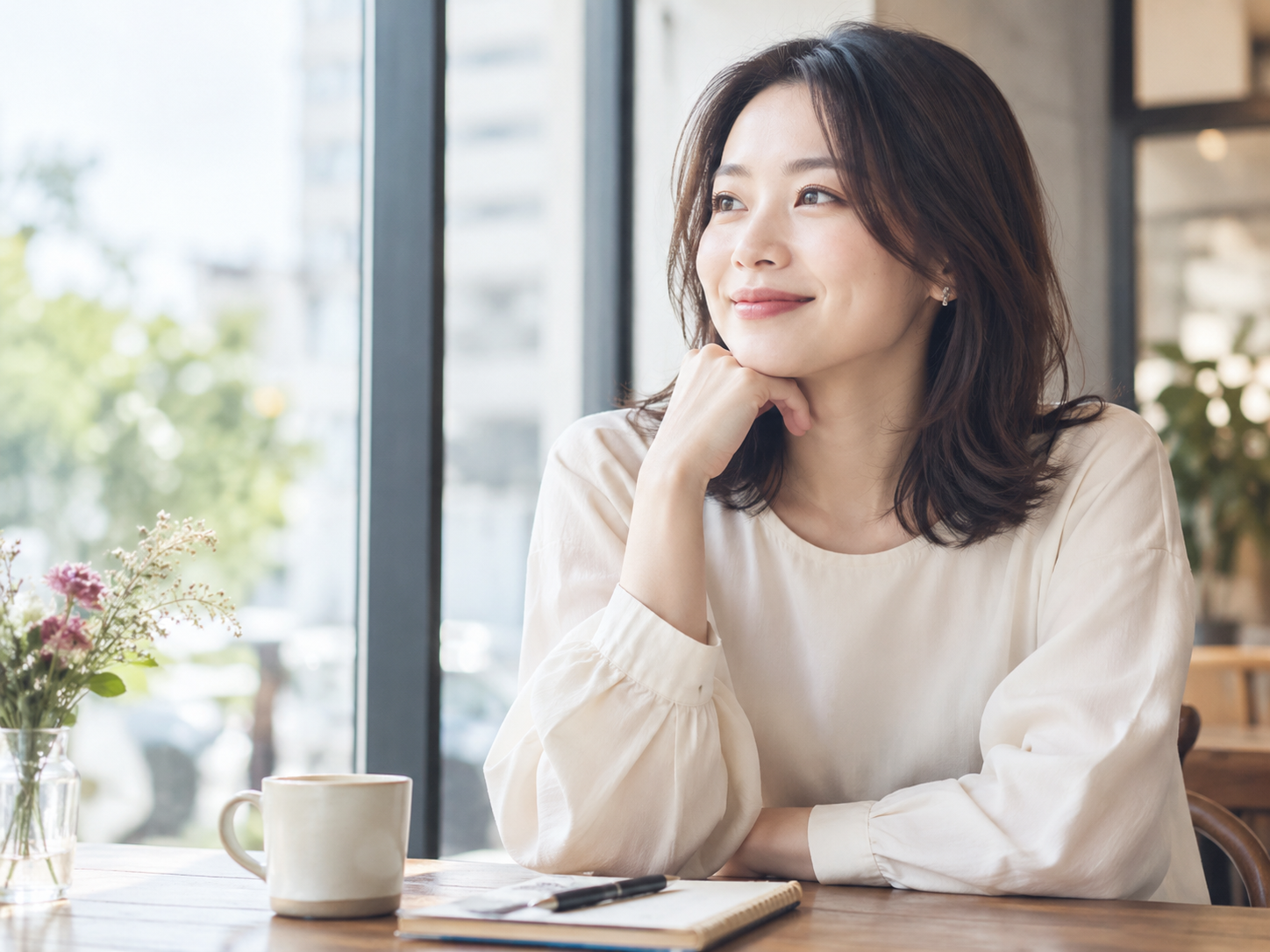 窓辺でノートを開き、穏やかに過ごす女性のイメージ