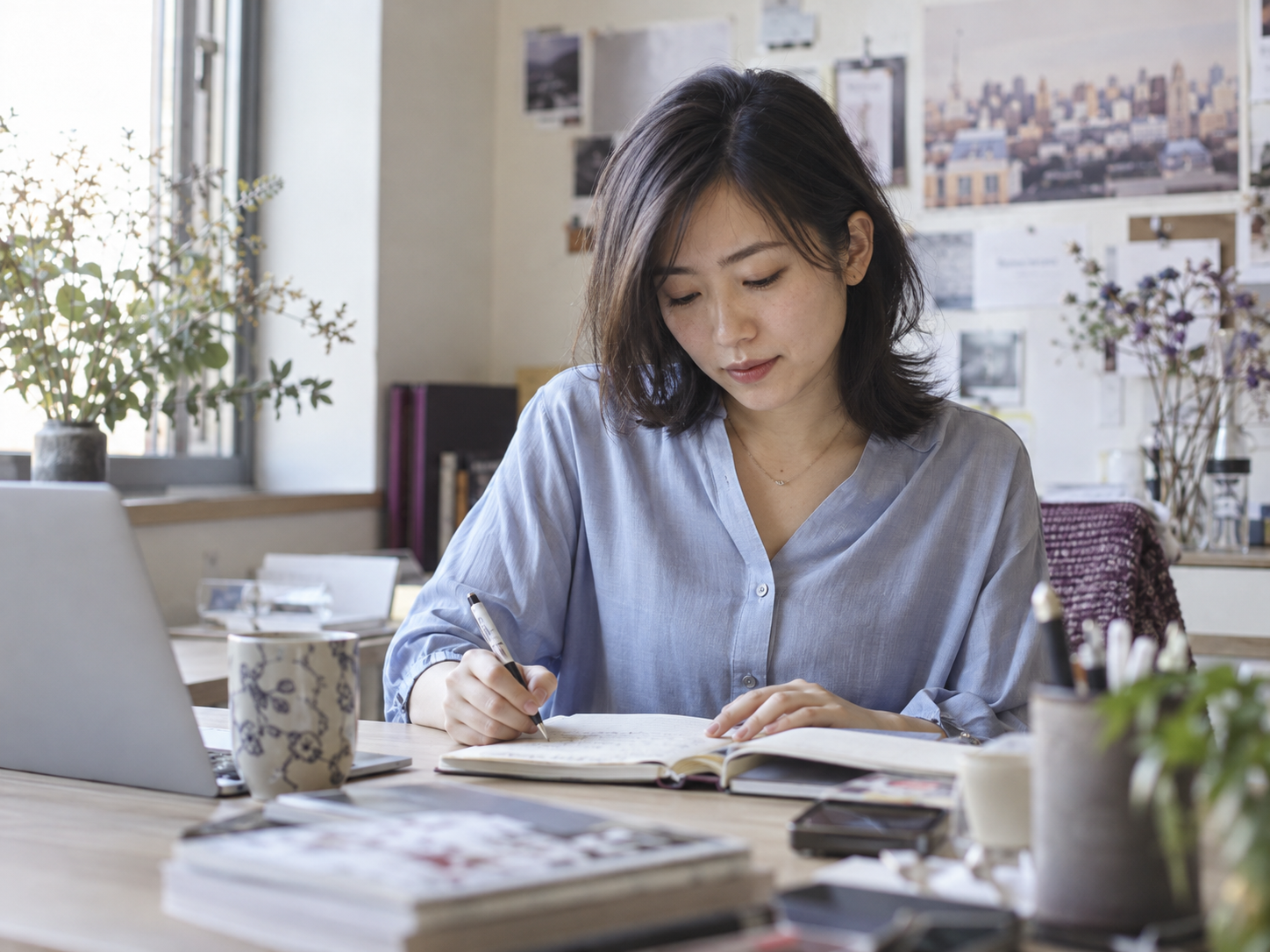 明るいオフィスでノートをとる女性のイメージ